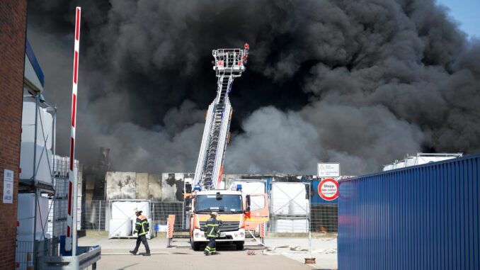Großbrand einer Lagerhalle in Hamburg Eine dicke Rauchwolke steigt in den blauen Himmel auf.