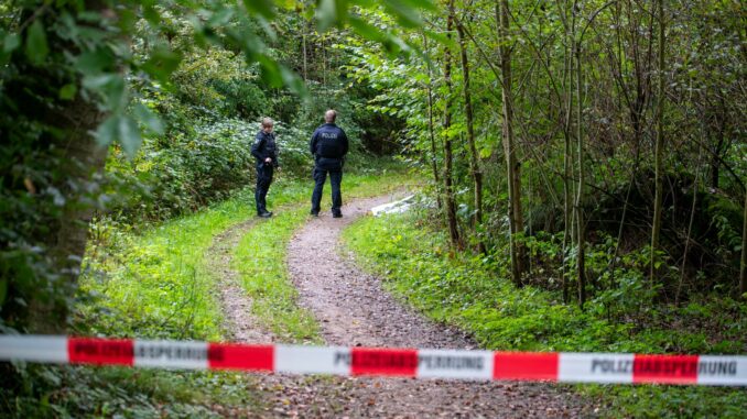Leiche in Waldstück gefunden Polizisten stehen auf einem abgesperrten Waldweg.
