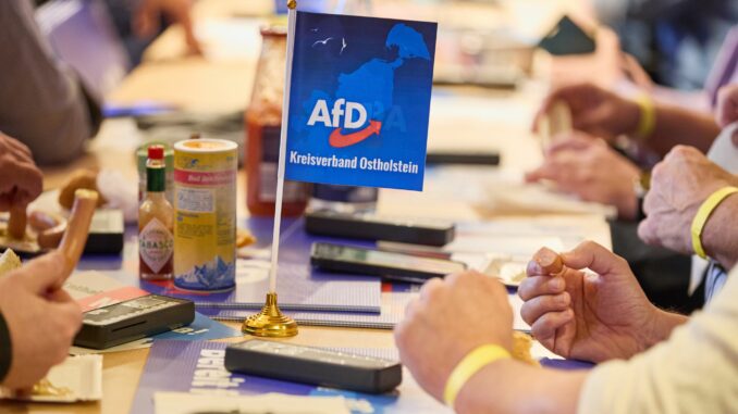 Landesparteitag AfD Schleswig-Holstein Mitglieder der AfD sitzen beim Landesparteitag der AfD Schleswig-Holstein im Bürgerhaus an ihren Plätzen.