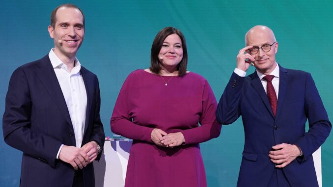 Triell vor der Bürgerschaftswahl Sie treten bei der Bürgerschaftswahl als Kandidaten zum Bürgermeister an: Dennis Thering für die CDU, Katharina Fegebank für die SPD und Peter Tschentscher für die SPD. (Archivbild)