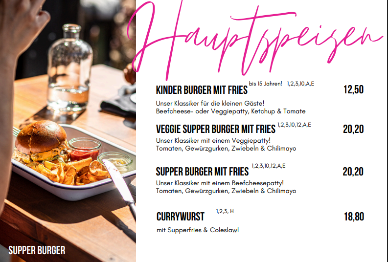 Ein Ausriss aus der Speisekarte: Der Burger kostet 20 Euro, die Currywurst ist nur etwa 1 Euro günstiger (Bild: Screenshot)